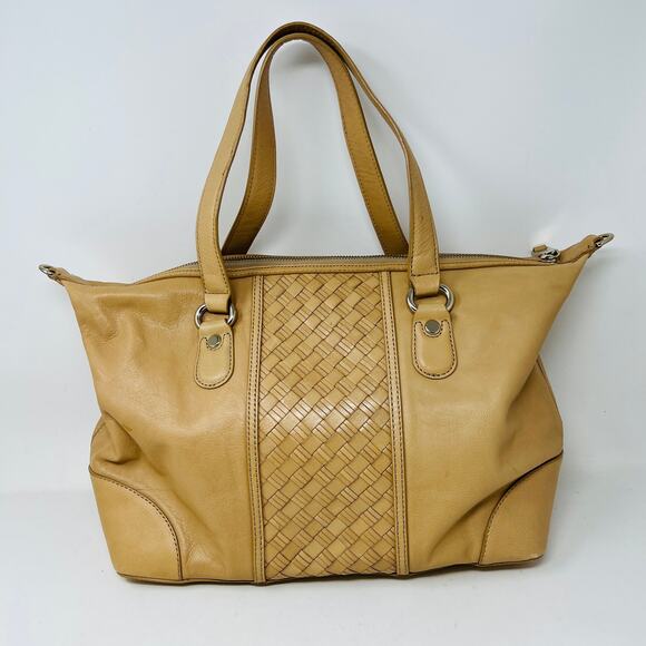 Cole Haan Smooth Leather Basket Weave Shoulder Bag Satchel Tan Gold - Picture 4 of 9